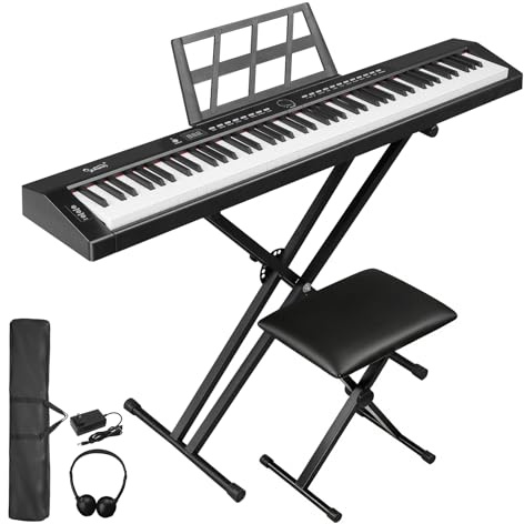 LEADZM 88 Tasten Halbgewichteten Digital Piano, Full Size Keyboard, Elektronische Tastatur mit Doppelrohr-X-förmigem Ständer, Klavierbank Bluetooth MIDI, Notenständer, Sustain-Pedal, Kopfhörer