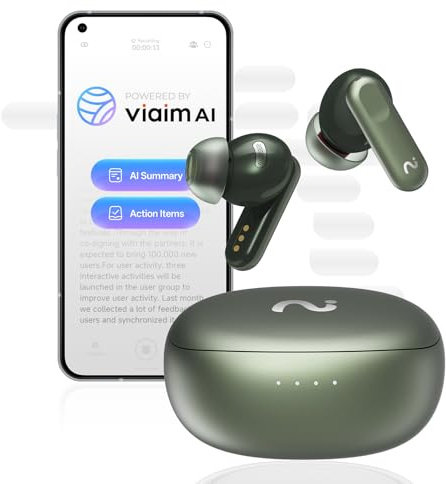viaim Nano+ AI Voice Recorder Earbuds: Pocket Note Taker for Meetings, Calls & Lectures, Real-time Transcription, 45dB Hybrid ANC, AI Assistant for Productivity, AES-256 Secure, Green