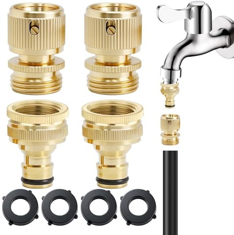 2pairs Raccord Tuyau d'arrosage Laiton,Connecteur pour Robinet 1/2 et 3/4 | 2-en-1 Adaptateur Robinet Tuyau Arrosage, Connecteur de Robinet à Filetage Femelle et Filetage Mâle, Installation Simple