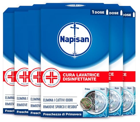 Napisan Cura Lavatrice Disinfettante Freschezza di Primavera, Elimina i Cattivi Odori, Rimuove Sporco e Residui di Sapone, 6 Confezione da 250ml