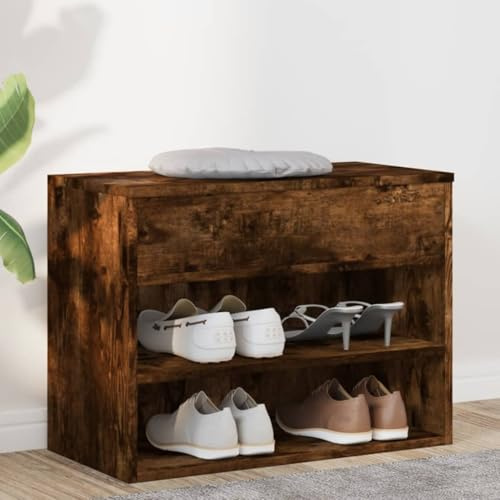 Générique Schuhbank aus rauchfarbener Eiche, 60 x 30 x 45 cm, Schuhregal, aus Holz, mit 2 Regalen und Truhe, robuste Sitzfläche zum Aufbewahren von Schuhen, Zeitschriften und Dekorationen