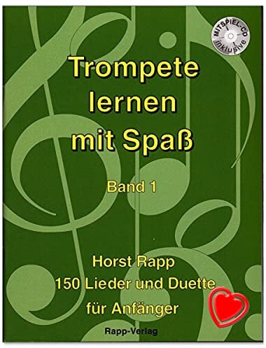 Trompete lernen mit Spaß Band 1-150 Lieder und Duette - auch geeignet für Tenorhorn, Bariton, Euphonium im Violinschlüssel - Unterrichtswerk für Anfänger mit CD, bunter herzförmiger Notenklammer