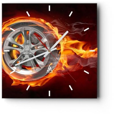 Modern Wanduhr Rad Flammen Felge 30x30cm Quadrat Klein Wand Uhr Glas Analog Zimmeruhren Küche Büro Wohnzimmer Glasuhr Wall Clock Dekoration Design Wanddekoration Küchenuhr C3AC30x30-0198