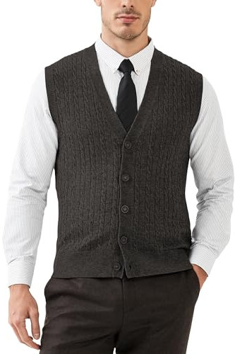 Kallspin Men’s Wool Blend Sweater Vest Cable-Knit Button Front Sleeveless Cardigan Smart Casual Jumper Knitwear(Charcoal, XL)