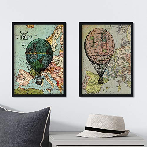 Nacnic Vintage Landkarten Poster 2-er Set. Vintage Stil Wanddekoration mit Heißluftballons über Afrika. Verschiedene bunte Bilder ohne Rahmen. Größe A4.