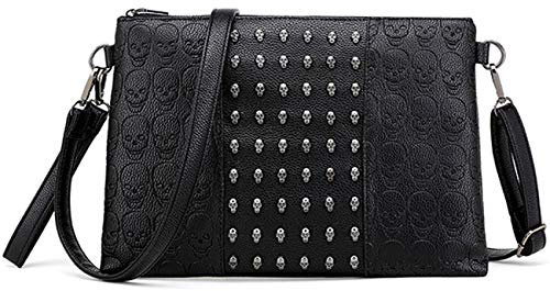FiveloveTwo Damen Retro Punk Schädeldruck Clutches Handtasche Henkeltaschen Umhängetasche Shopper PU Leder Taschen Schultertasche Shoulder Bag Schwarz