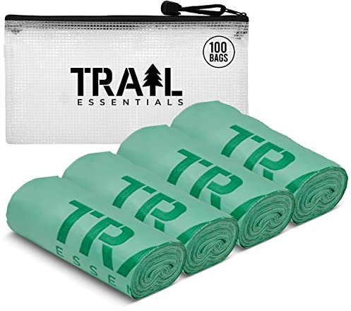 Trail Essentials Toilet Bags, Certified Biodegradable and Compostable; Use and Bury in Ground - Includes Convenient Water Resistant Carry Case (100 Bags)