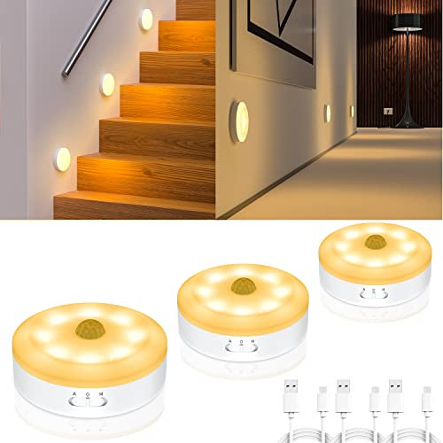 WOBSION LED Nachtlicht mit Bewegungsmelder USB Wiederaufladbar,Kabellos Warmweiß Unterbauleuchte für Küche und Vitrine,1000mAh Nachtlampe für Schlafzimmer,Kinderzimmer,Schrankbeleuchtung,3 Stück