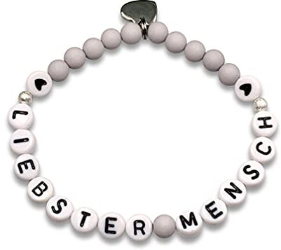 Majas Perlen Armband Liebster Mensch Hellgrau Acryl 6mm - echte Edelsteine Rosenquarz Labradorit Amazonit uvm. - Geschenk Lieblingsmensch Soulsister Freundschaft - Handmade Personalisierbar
