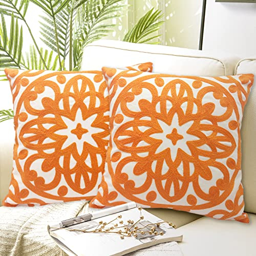 Alysheer Embroidered Decorative Throw Pillow Covers 18x18 Set of 2 Pieces, Classic Boho Mandala Knit Pattern, 100% Cotton Canvas Cozy Vibrant Cushion Cases for Sofa Couch Living Room (Bright Orange)