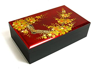 Art Saigon Boîte à Bijoux en Bois Laqué Peint 'Fleurs de Cerisier' L20cm - Coffret De Rangement - Artisanat du Vietnam et Décoration Asiatique - Largeur 20cm x P12cm x H5,5cm (réf. S38-3100), Rouge