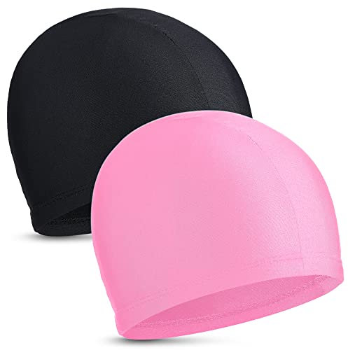 2 Piezas Gorros de Natación Elástica Gorros de Piscina de Tela Cómoda Gorros de Baño Ligero para Niños Mujer Hombre Mientras Nadar (Negro, Rosa Claro)