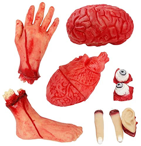 AOFOX Accessoires de Sang 9 Pièces Faux Effrayant Main Coupée Coeur Cerveau Pied Parties du Corps Cassées pour Maison Hantée Halloween Vampire Zombie Articles de Fête