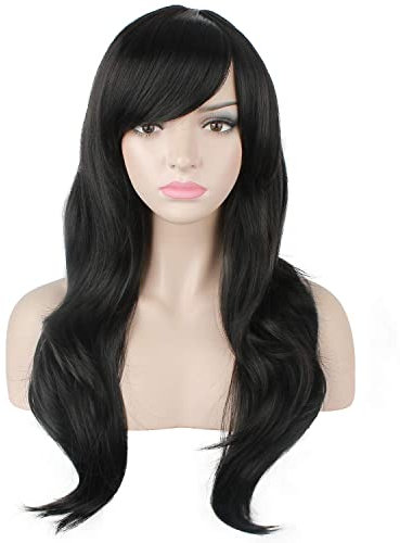 YEESHEDO 70cm Karneval Perücke Schwarz. Lang Voll Cosplay Perücken, Lockig Wellig Fashion Kostüme Damen Haarteil Cosplay Wig für Alltag, Party Perücke Lang, Halloween