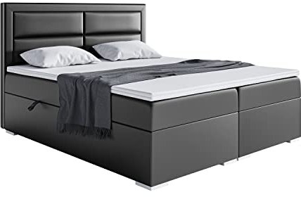 MEBLINI Boxspringbett mit Bettkasten - Gepolstert Doppelbett mit Matratze und Topper - Polsterbett mit Stauraum - Bett mit Kopfteil - Stauraumbett - Merida - 140x200 - H4/Schwarz Kunstleder