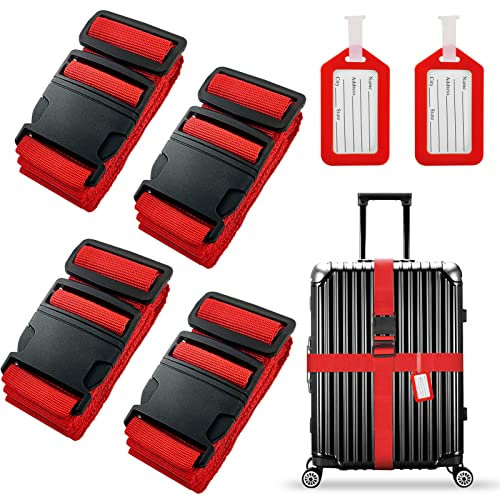 4 Stück Koffergurt,Inkl. 2 Kofferanhänger mit Adressschild,Kreuz Gepäckgurt,Praktisches Gepäckband,Verstellbare Reisegürtel mit Schnalle,Koffer Packgürtel Reiseaccessoires (Rot)