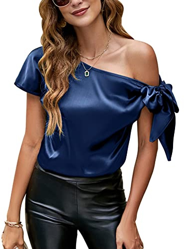 VIDUSSA Womens off Shoulder Silk Satin Tops Short Sleeve Casual Dressy Tunic Blouse Shirts