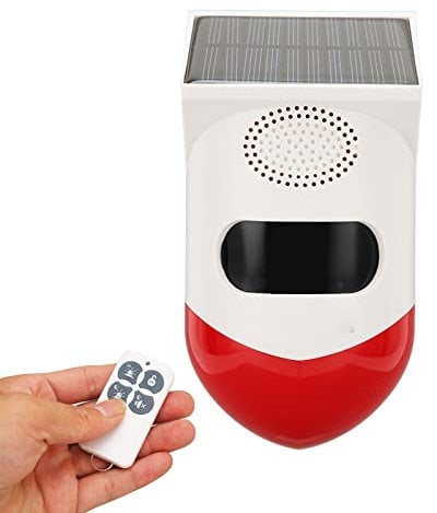 Solar Strobe Alarm Light, Alarmsirene für Den Außenbereich mit Drahtloser Fernbedienung, 110 DB Sound Security Siren Light, Wasserdichter Solar Einfahrtsalarm für Haus/Lager/Scheune/Hof