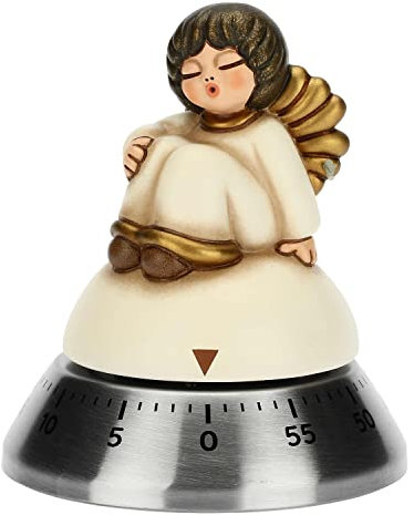 THUN - Natale 2022 - Timer da Cucina con Iconico Angelo Ceramica Decorata a Mano - Idea Regalo Natale 2022 - Timer in Acciaio Inossidabile - 8x8x9.5 cm h