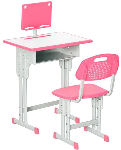 HOMCOM Kids Desk and Chair Set Adjustable Height Drawer Book Stand Pink | Study Table Set, Pen Slot