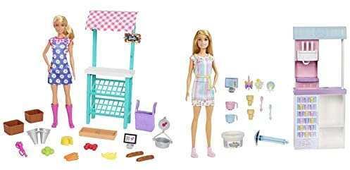 Barbie - Playset Mercato Frutta e Verdura con bambola bionda, stand del mercato, registratore di cassa, verdure, pane & Playset Gelateria con Bambola con Macchina per Gelato