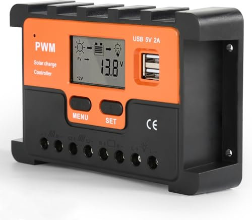 regolatore di carica pannello solare pwm 12v/24v solar charge controller regolatore batteria pannello solare con doppia uscita usb 5v identificazione automatica per litio/piombo batteria (20A)