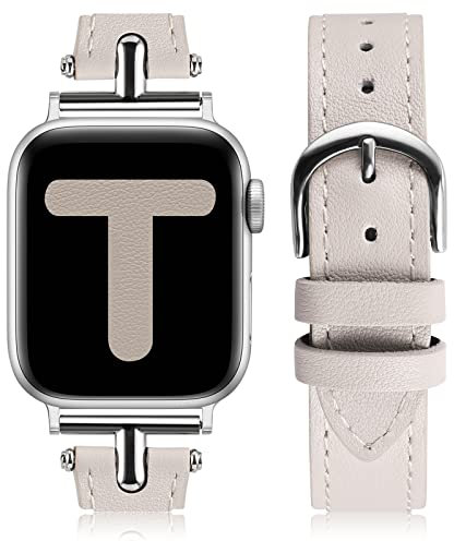 Wearlizer Lederarmband Kompatibel mit Apple Watch Armband 41mm 40mm 42mm 38mm Damen, Leder Armband mit T-Form Metallschnalle für iWatch Strap SE Serie 10 9 8 7 6 5 4 3 2 1, Polarstern/Silber