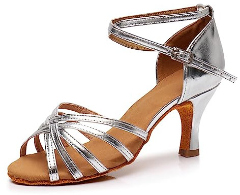 Padgene Donne Suola Morbida Raso Tacco Alto Scarpe da Ballo Jazz/Latino/Logo Nazionale/Rumba/Tea, L - Argento - 5cm, 39 EU
