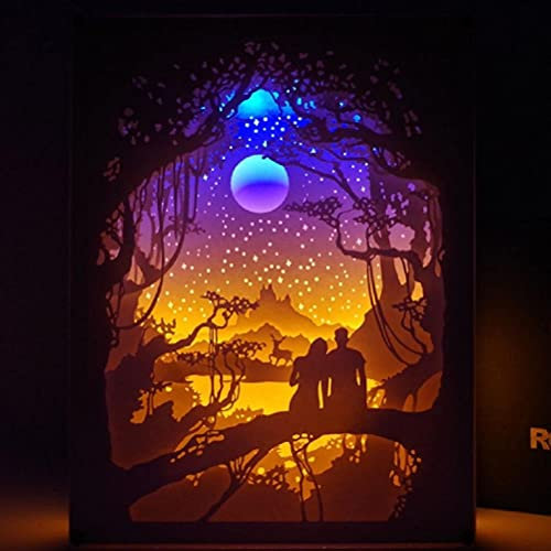 3D-Papierschnitzerei Nachtlicht Papercut Light Box Shadow Box Papierskulpturen Rahmen Tischlampen Dekorative Papierschnitzkunst Nachtlichter LED-Tischlampe Zur Dekoration (Mond)