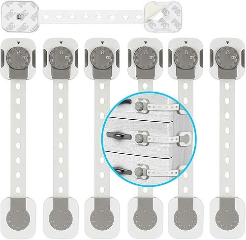 Child Safety Locks,Baby Proofing Cabinet Locks,Adjustable 6Pcak Upgraded Adhesive Double Lock System Locks for Cabinets, Drawer, Closet, Fridge, Refrigerator, Trash