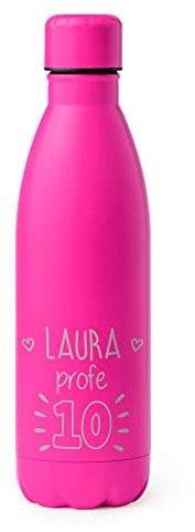 Made in Gift Botella Nature de Colores Reutilizable 790ml de Acero Inoxidable Doble Pared Personalizada con Nombre y Corazones “Profe 10” como Regalo Original para Profesores en Fin de Curso (Rosa)