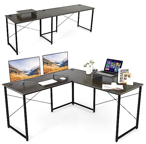 GIANTEX Schreibtisch Eckschreibtisch L-Form Computertisch umkehrbar PC-Tisch mit Monitorständer 2 Kombinationen Computerschreibtisch Winkelschreibtisch Bürotisch Ecktisch Gaming-Tisch (Dunkel Braun)