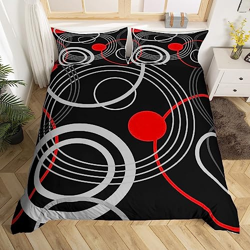 Rotes Schwarz Grau Tröster Abdeckung 135x200 Geometrische Kreis Muster Bettwäsche Set für Kinder,Abstrakte Einfache Geometrie Bettbezug Moderne Runde Linien Bett Set Bauernhaus Heim Zimmer Dekor