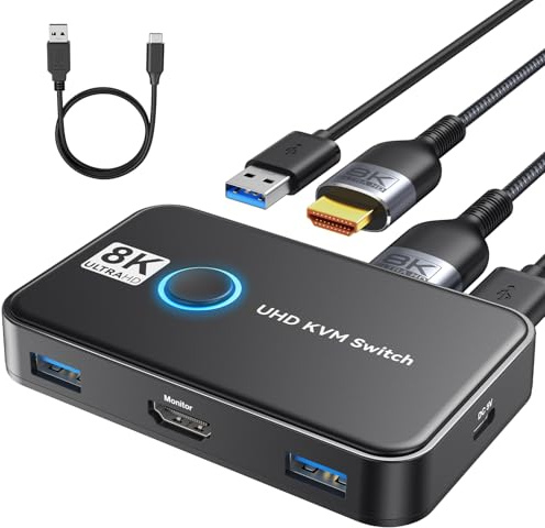 KVM-Switch, 1 Monitore, 2 Computer, Viagkiki USB-Switch für 2 Computer, gemeinsame Tastatur, Maus, Drucker und ein HD-Monitor, unterstützt UHD 8K@60Hz, mit 2 USB-Kabel und 2 HDMI-Kabel (schwarz)