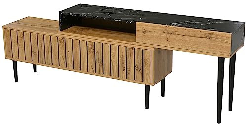 HAINEW Meuble TV Multimedia Mural Design Moderne avec Bords en PVC et Pieds en Fer, Peu Encombrant