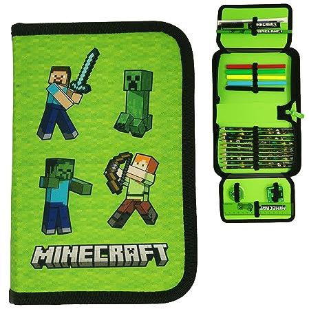 Minecraft Federmappe Kinder Federtasche Etui Pencil Case Federmäppchen Schulmäppchen Stifteetui Federpenal Mäppchen gefüllt Schreibwaren (Steve Alex) (Alex Steve)