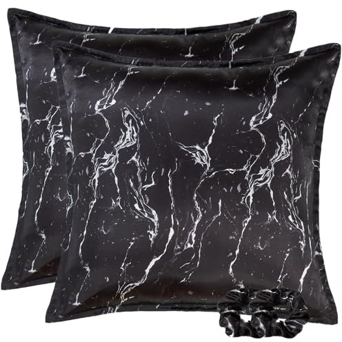 Vielit 2 Stück Satin Kissenbezug 80x80 Schwarz Marmor, Weich wie Seidenkissenbezug, Bessere Pflege als Silk Pillosecase, Satin Kopfkissenbezug Kissenhülle für Haar und Haut kommt mit 2 Haargummis