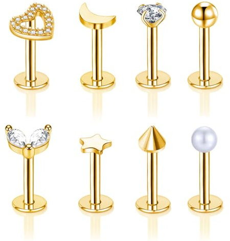 Gojewen 8stk Lippenpiercing Labret Stecker 6mm Edestahl 16G Piercing Helix Tragus Cartilage Medusa Lippe Gold Herz Stern