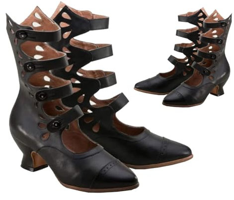 SIULAS Vintage Victorian Toe Stivali a Punta per Le Donne - Medieval PU Scarpe di Cuoio - Medieval Cosplay Stivali di Halloween,Nero,35