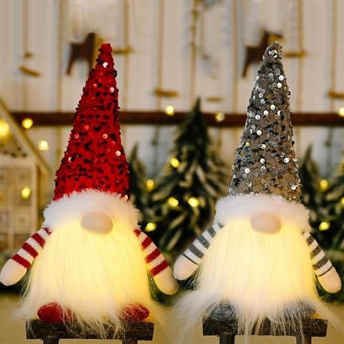 COKEEY Light Up Gnome Christmas Decoration,Christmas Gonks With Light, Handmade Swedish Santa Gnomes with Glitter Hat Xmas Craft, Gonk Elf Xmas for Indoor Decoration Holiday Decor(2 Pack)