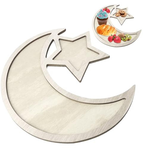 Plateau Ramadan en bois, Vaisselle Étoile de Lune Vaisselle de Service Eid Mubarak pour Petit Dessert Pâtisserie Ornement de Décoration de Support d'Affichage pour Eid Mubarak Fournitures Fête