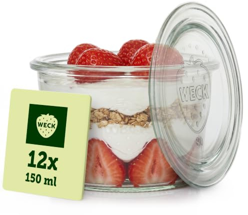 Weck Gläser 150ml – 12er Set mit Deckeln – Sturzform – robuste, stapelbare Dessertgläser, Einkoch- & Einmachgläser – klein – Weckglas ideal für Nachtisch