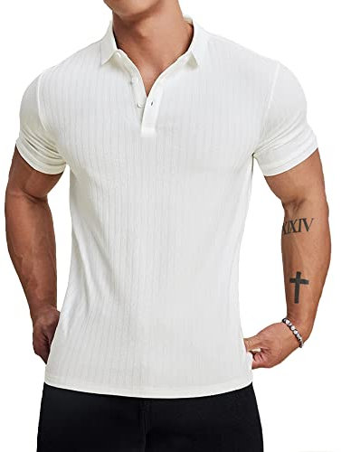 Muscle Cmdr Men's Cotton Muscle Polo Shirts Slim Fit Business Casual Tee Long&Short Sleeve Ribbed V Neck Shirt White/L