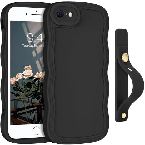GUAGUA iPhone SE 2022/2020 Case, iPhone 7/8 Case, Cute Curly Wave Design, Soft TPU with Hand Strap Kickstand Shockproof Anti-Slip for iPhone SE 3rd / 2nd 4.7 inch, Black