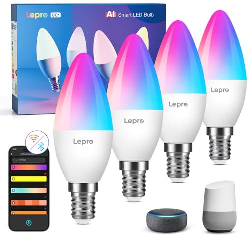 Lepro AI Smart Glühbirne BC1, 4.9W 470LM Glühbirne E14 Dimmbar, KI-Lichtdesign-Assistent, Warmweiß-Kaltweiß und RGB, Kompatibel mit Alexa/Google, Sprachsteuerung/Musik Sync, WiFi & Bluetooth, 4 Stück