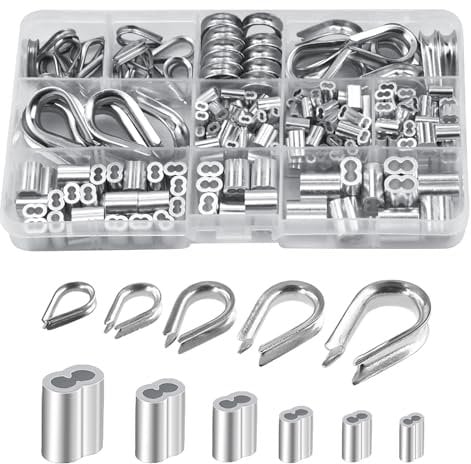 250-Teiliges Drahtseil-Fingerhüte-Set, Aluminium Doppelhülsen, Alu Klemme Stahlseil, Edelstahlkauschen Seilöse, Drahtseil Stahlseil Geländer Kit für Drahtseil Kabel Stahlseil Thimble Rigging