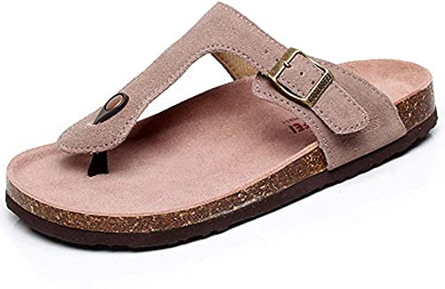 Asifn Femmes Slide Hommes Liège Semelle Sandales Plates Réglables en cuir Boucle Décontractée Peep Toe Chaussures Suede Tongs été（Marron,42/43 EU,42 Taille de la Marque