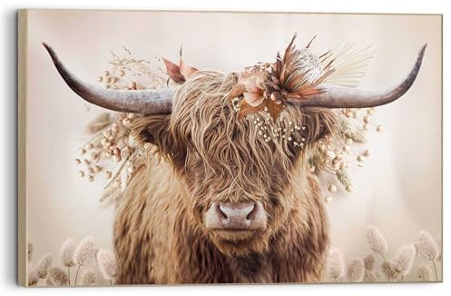 REINDERS Wandbild, Highlander in Blumen, Wohnzimmer, Bilder, Wanddeko, Room Decor, MDF, Beige, 90 x 60
