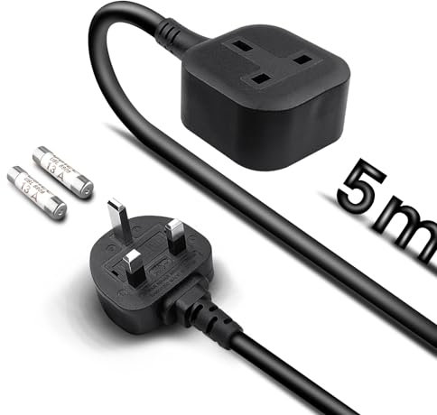 Single Plug Extension Lead 5m, 1 Gang Socket Surge Protection with 2 Replacement Fuses, 13a 3kw 230V for Outdoor Garden, Black