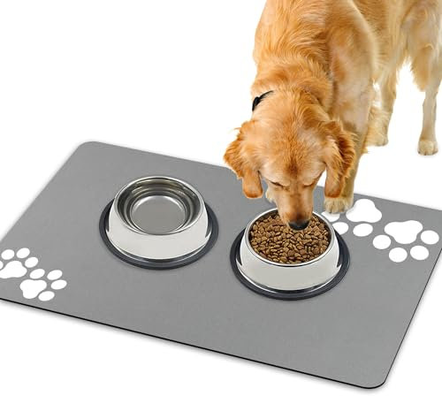 Lurowo Tapis de Nourriture pour Chien et Chat - Séchage Rapide, Super Absorbant, Lavable, Antidérapant - 43x75cm (Motif de Deux Paires de Pattes-Gris Clair)